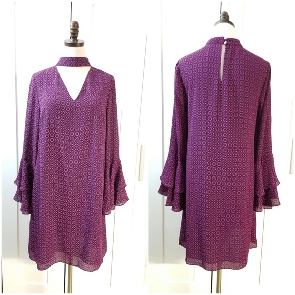 CeCe Dresses & Skirts - Cece Purple and Pink Halter Vneck Casual Dress, Bell sleeve knee Length Dress